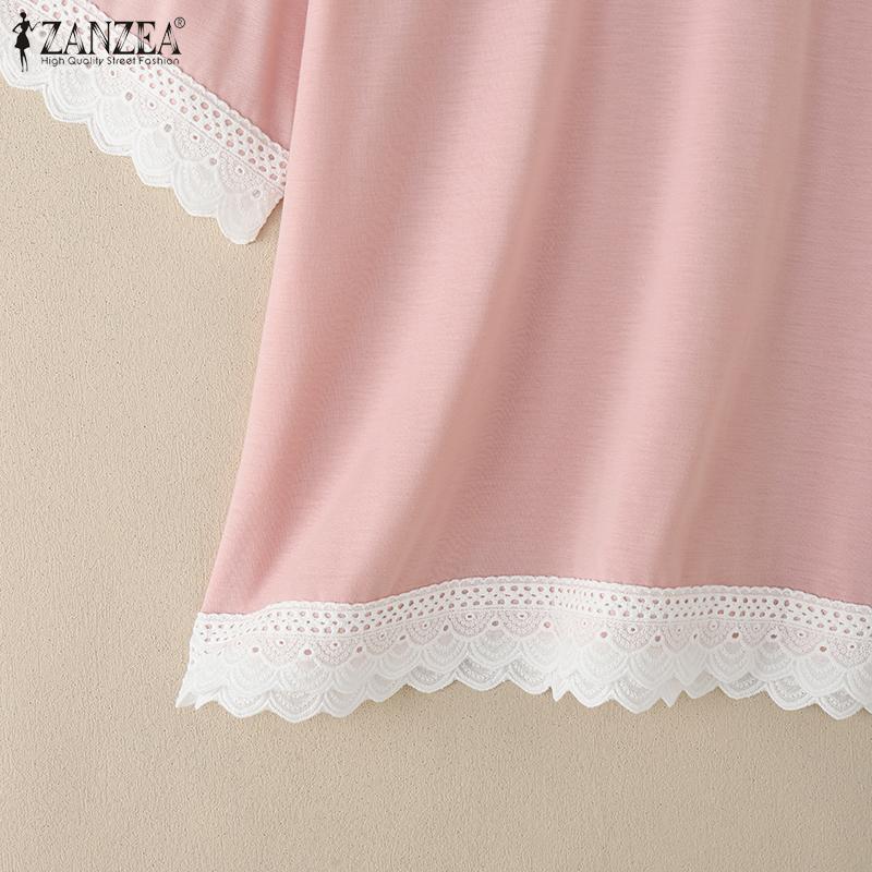 ZANZEA Damska codzienna bluzka z okrągłym dekoltem, koronkowymi wstawkami i krótkim rękawem