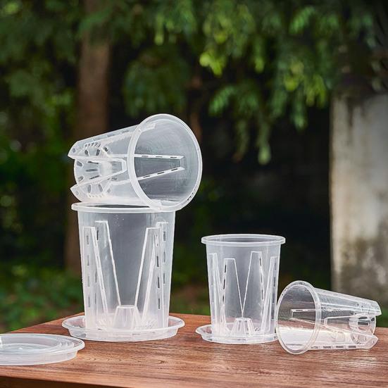 Clear Orchid Pot Breathable Flower Pot with Saucer Plant Pot with Side Ventilation Holes Drainage for Phalaenopsis Healthy Growth