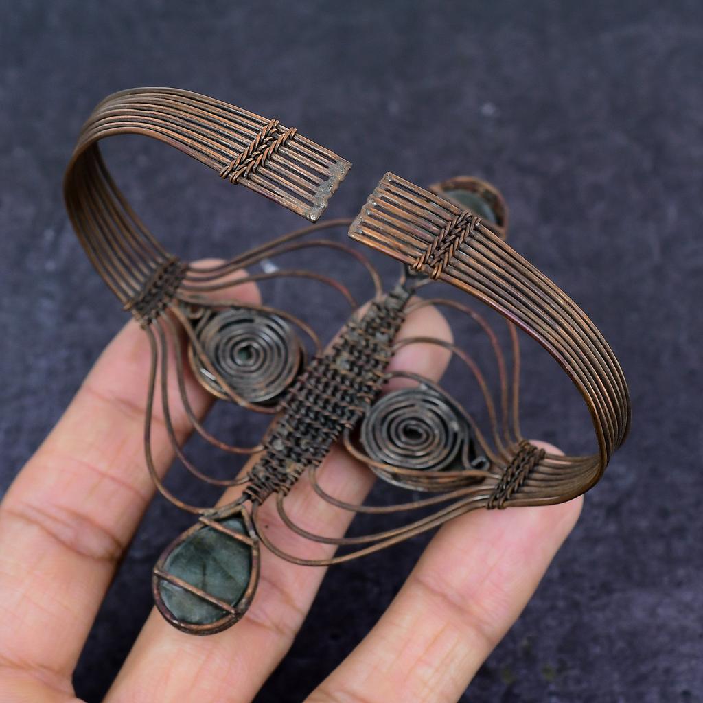 Labradorite Gemstone Copper Wire Wrap Cuff Bangle Adjustable