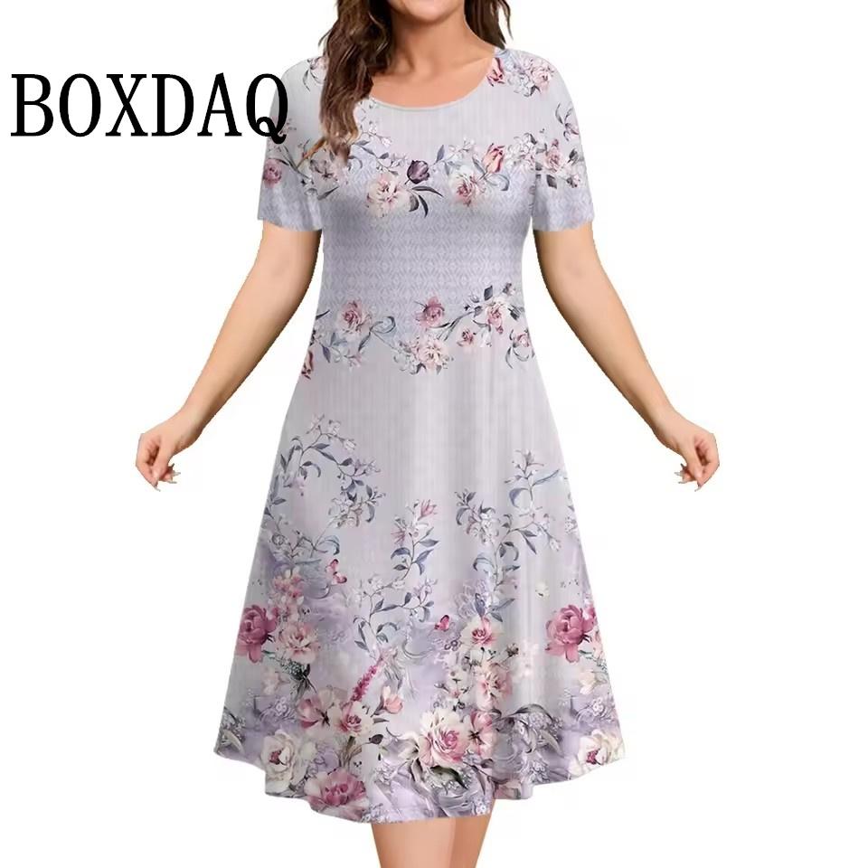 New 2025 Dresses Women 3D Flowers Printing Short-Sleeve Sundress Summer Casual Pullover Fashion Loose Ladies Dresses
