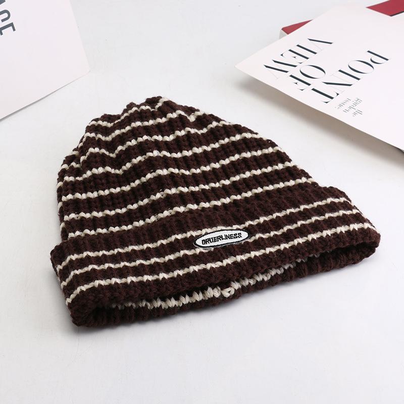 New Autumn and Winter Ins Big Head Knitted Hat Japanese Striped Wool Hat Korean Style Versatile Student Warm Hat Women