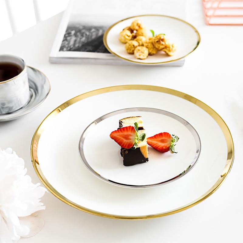 Ceramic Plate Round White Phnom Penh Silver 6/8/10Inch Edge Nordic El Bone Porcelain Western Snack Dish Home Kitchen Supplies
