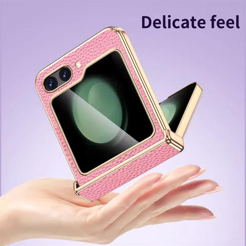 Telefonveske av okseskinn til Samsung Galaxy Z Flip6 Flip5 Flip 6 5 ZFlip5 Luksus hengselbeskyttelsesdeksel med herdet glass