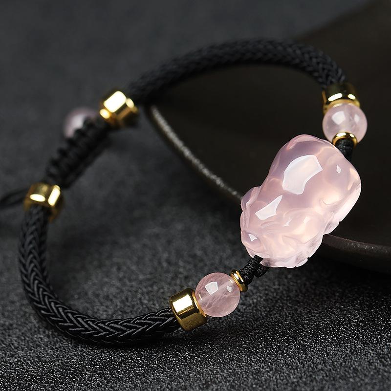 Pink Crystal Zodiac Bracelet: Rose Quartz, Red String Weave, Pig, Ox, Rat, Rabbit Charm - Perfect Gift for Girlfriend or Bestie