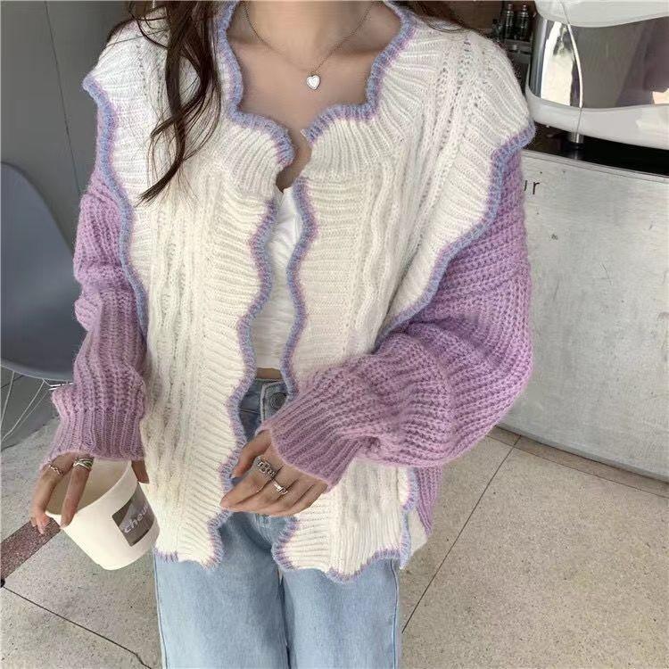 Purple Sweater Coat Autumn Women's Clothing Sweet Top Designed Niche Knitted Cardigan Early Spring Style