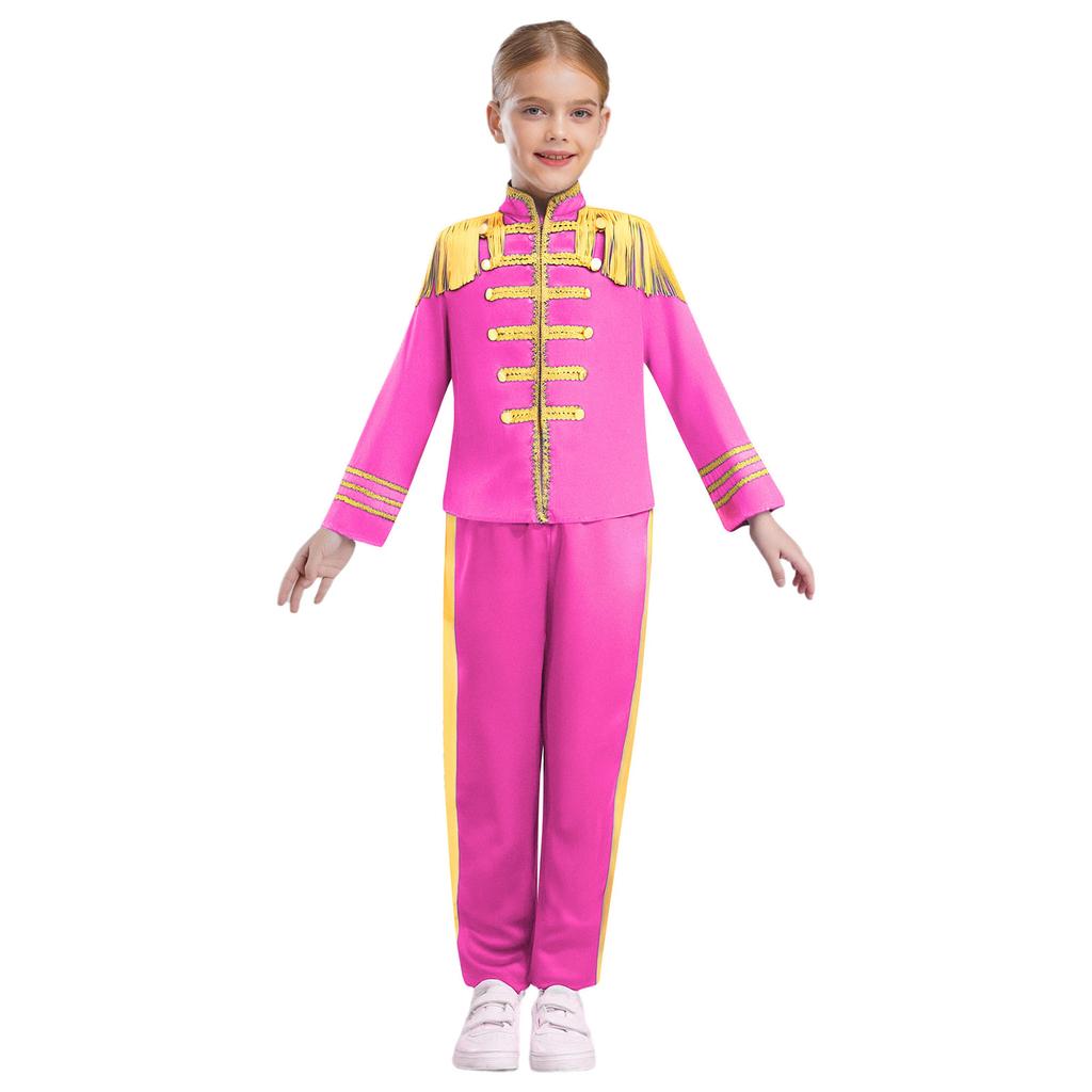 Kids 1960s British Star Costume Long Sleeve Gold Lace Decoration Fringe Rock Band Musician Shirt Pants Set