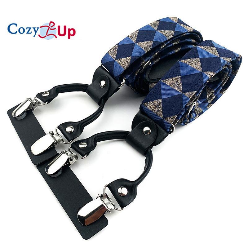 Suspensórios masculinos adultos em forma de Y com 6 clipes em tecido jacquard de couro com alça traseira elástica ajustável com ganchos giratórios e tiras elásticas nas costas em Y