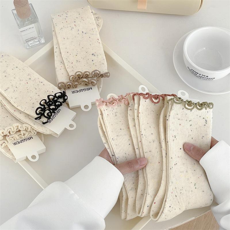 Frühlings- und Herbstsocken mit gepunktetem Garn in Cremefarbe und Aprikotfarbe, Baumwollsocken bis zur Wade für Damen, Trendige Frotteesocken