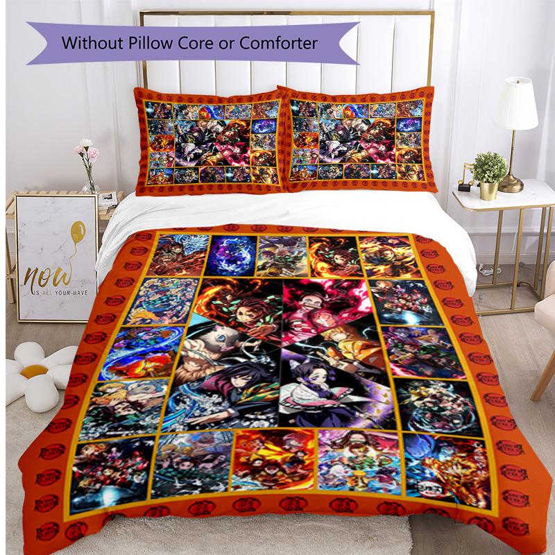Demon Slayer Pattern Printed 3PCS Bedding Set, Soft Skin-Friendly Washable Duvet Cover & Pillowcases Set