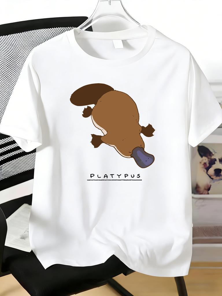 Unisexs Tee Cute Cartoon Platypus With Letter Text Print Cotton Short Sleeve Male Casual Streetwear Outdoor Daily Basic Fashion Top