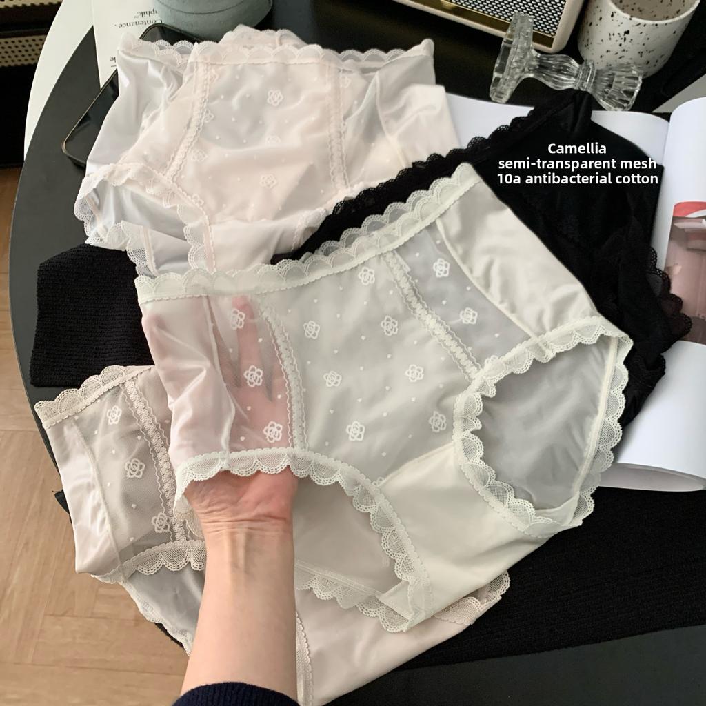 Damen Sommer reine Spitze Kamelie Netz 10A Antibakterielle Baumwolle Langer Schritt Hohe Taille Slip