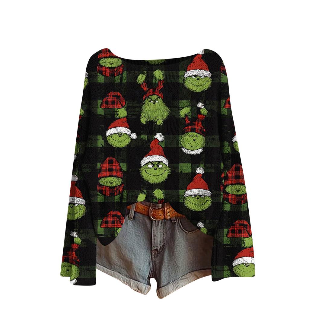 Women's Fashion Christmas Print Lightweight Sweater Casual Long-Sleeve Knit Pullover Top