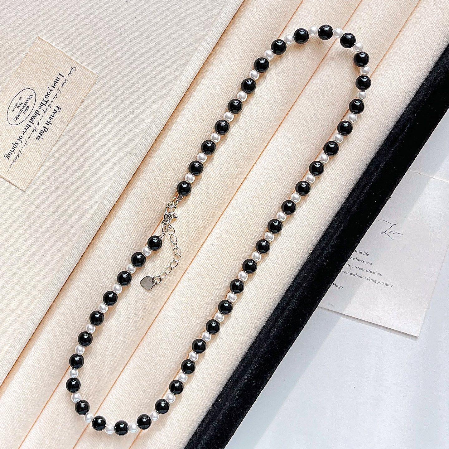 

High Quality Natural Black Agate High Gloss Artificial Crystal Pearl Collarbone Chain Necklace Women