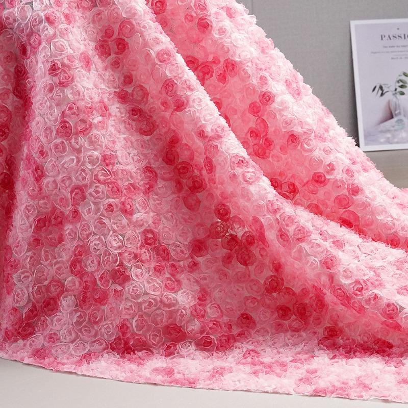 Encrypted Seven-Color Embroidered Silk Georgette Fabric Hollow Out Rose Peony Flower Wedding Dress Mesh Embroidery Material