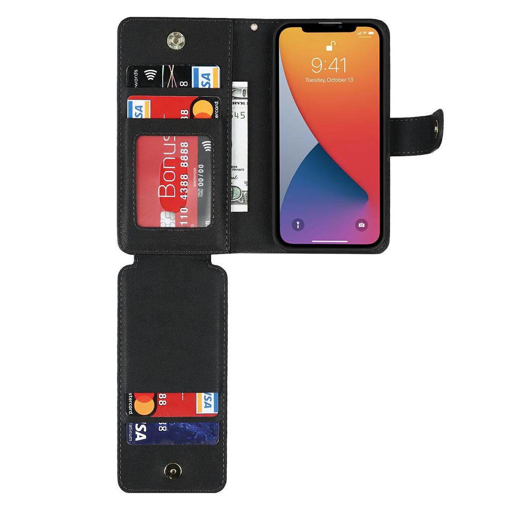 For iPhone 13 Mini Stand Case PU Leather Phone Cover with Straps/Zipper Wallet/Multiple Card Slots