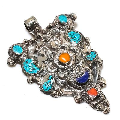 Natürlicher tibetischer Türkis, Korallen-Edelstein Handgefertigter Schmuck Anhänger 3,19" c4g09