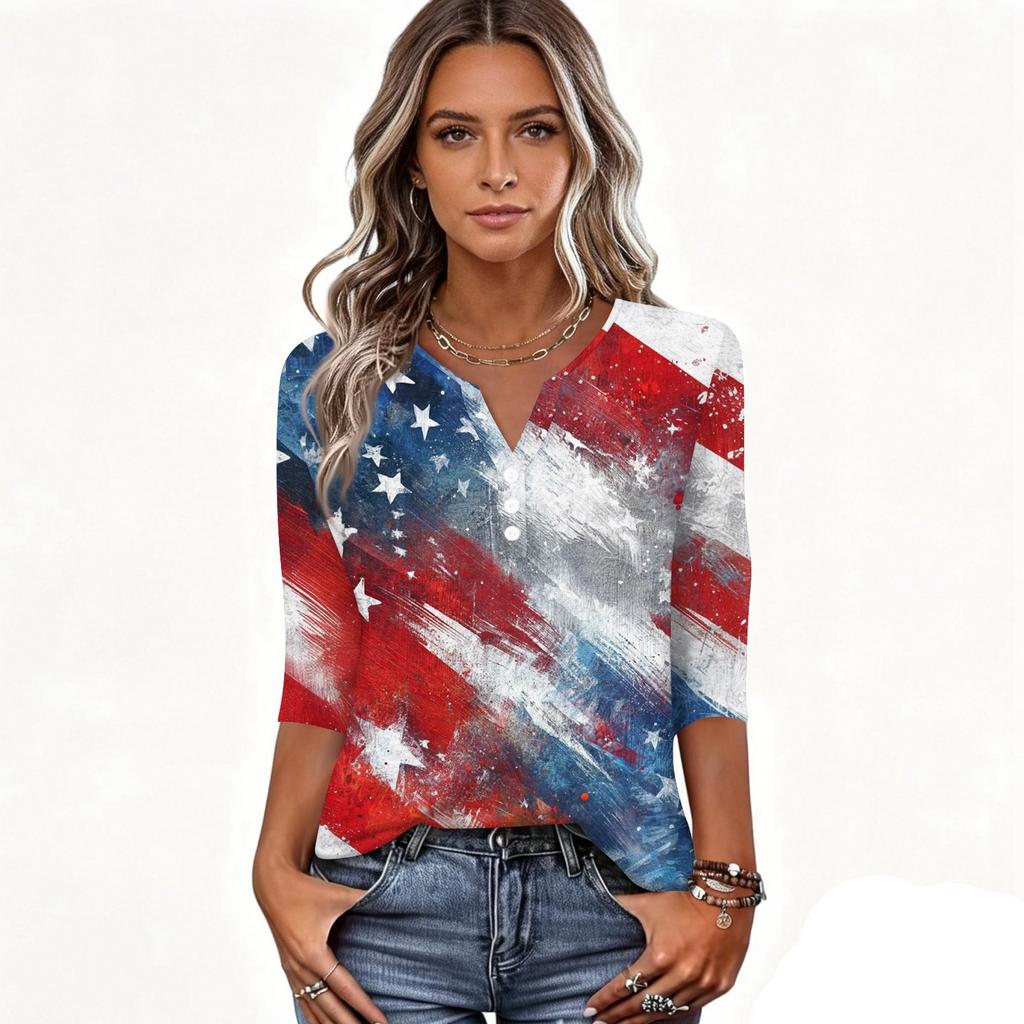 Women's T Shirt Independence Day Print Button 3/4 Sleeve Daily Weekend Fashion Basic V- Neck Regular Top