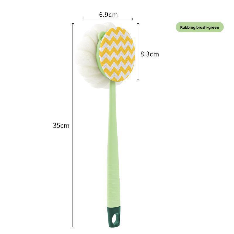 

Щетка для ванны и пилинга с длинной ручкой, мягкая щетина, двустороннее полотенце, мочалка для спины для самостоятельного использования Green, Double-sided Bath Flower + Towel Brush