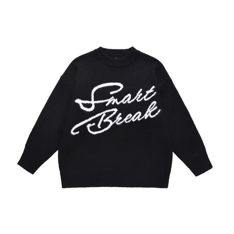 Spring Autumn Unisex Loose Korean Style Black Retro Sweater Large