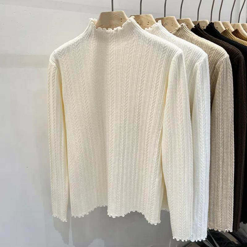 Wood-ear Edge Knitted Shirt Half Turtleneck Bottom Shirt Women in Autumn and Winter with Bottom Sweater Women's New Top