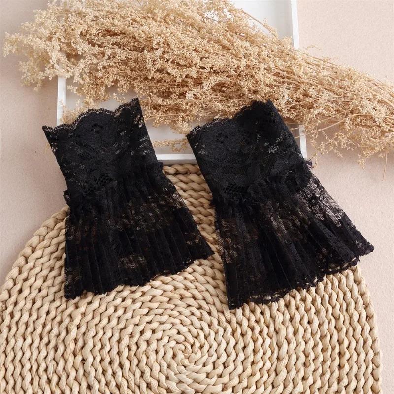 Lace Floral Embroidery Fake Sleeves for Women Autumn Winter Sweater Dethachable Cuffs Decorative Pleated Wrist Femme