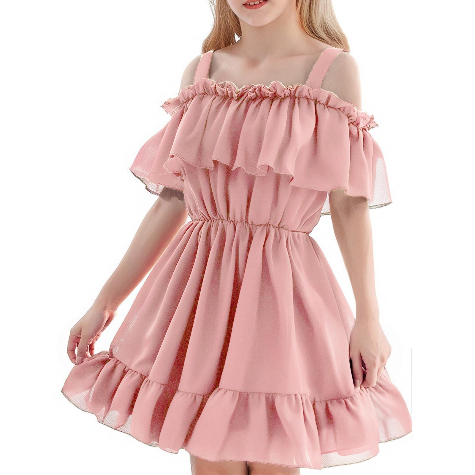 

Girls Summer Dress - One Shoulder Ruffle Hem Sundress 120 рожевий
