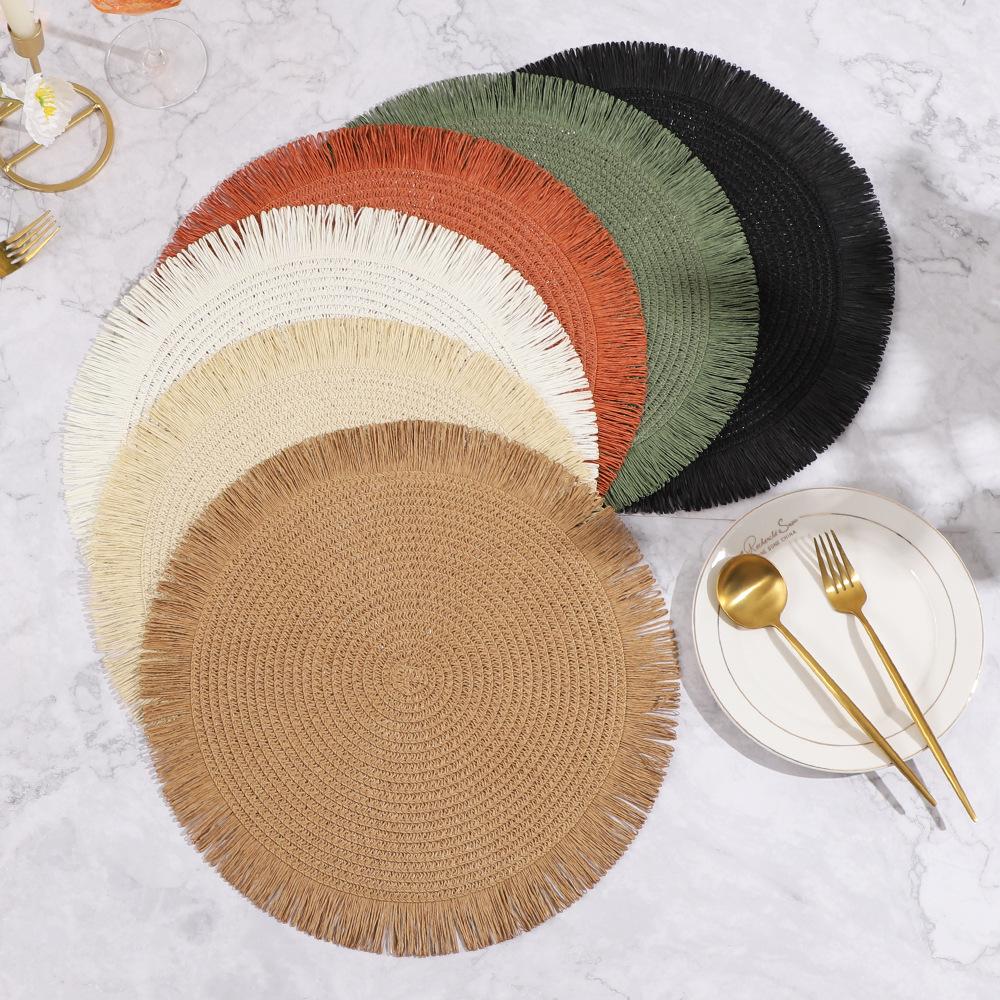 Tassel Paper Woven Placemat Solid Color Circular Lace Anti Slip Placemat Environmentally Friendly Coffee Dining Table Decor Mat