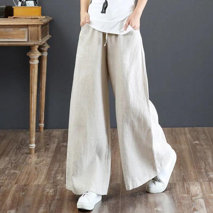 Plus Size Women Cotton Linen Vintage Elastic Waist Pants Loose Casual Wide Leg Trousers Culottes Flare Long Pants