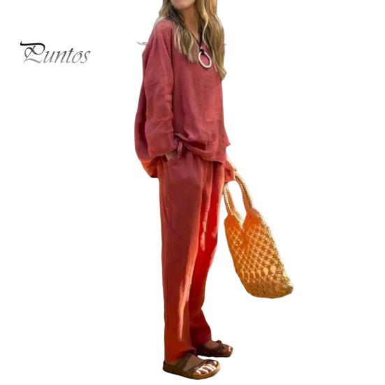 

2 шт./комплект женский топ брюки костюм однотонный цвет длинный рукав круглый вырез завязывающийся подол эластичный пояс прямые брюки спортивный фитнес наряд осень M красный