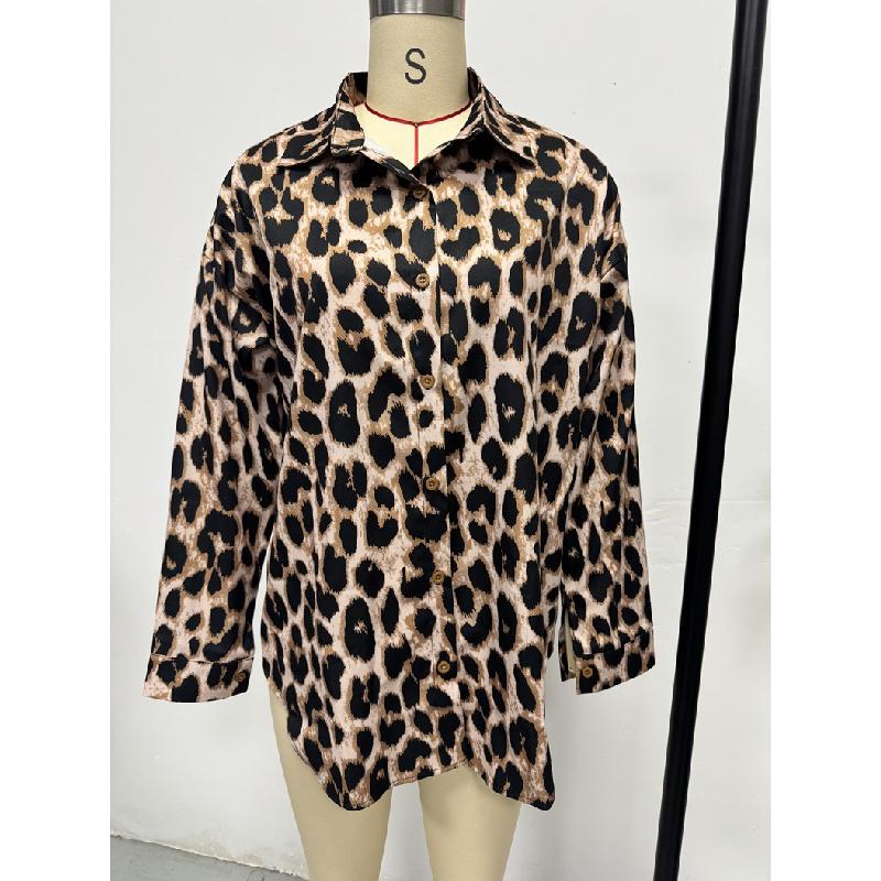 2026 Spring New Satin Leopard Print Long Sleeve Women's Blouse