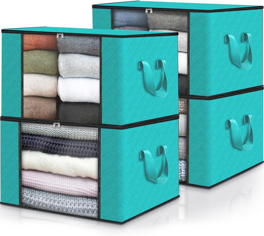 Totes 4 Pack Clothes Storage Foldable Thick Fabric Blanket Storage Containers For Organizing Bedroom Closet Comforter Organizati