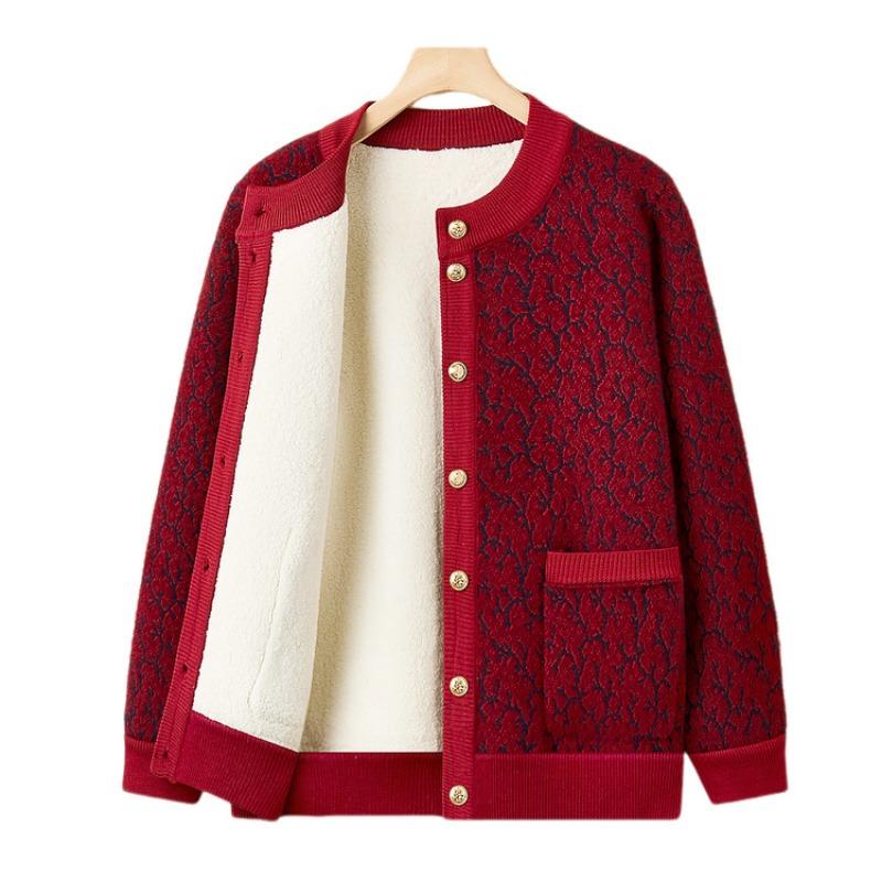 Mom fleece thickened sweater medium fashion cardigan top women's autumn and winter fashion knitted jacket