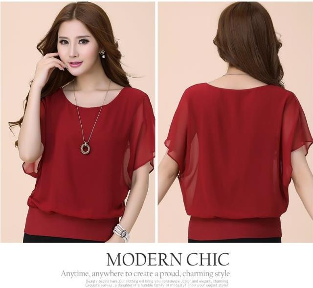 Women's Short-Sleeve Chiffon Bat Sleeve Loose Fit Top