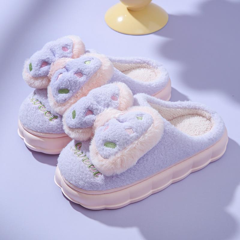 Fashion Cotton Shoes For Women Bow Autumn Winter Warm Non-slip Indoor Girl Color Contrast Cute Comfortable Fluffy Cotton Slippers