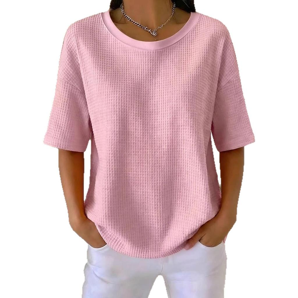 2026 Summer New Fashion: Simple Solid Color Waffle Knit Round Neck Short Sleeve Top