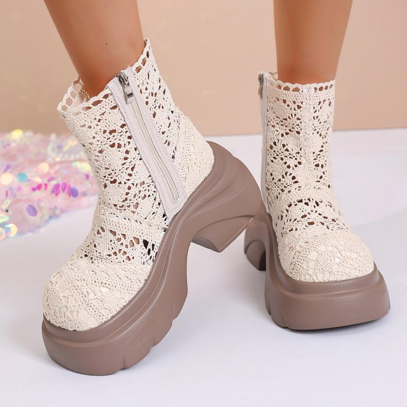Sexy Hollow Out Side Zip Ankle Boots Women 2025 Autumn Chunky Platform Super High Heel Boots Lace Thick Bottom Booties