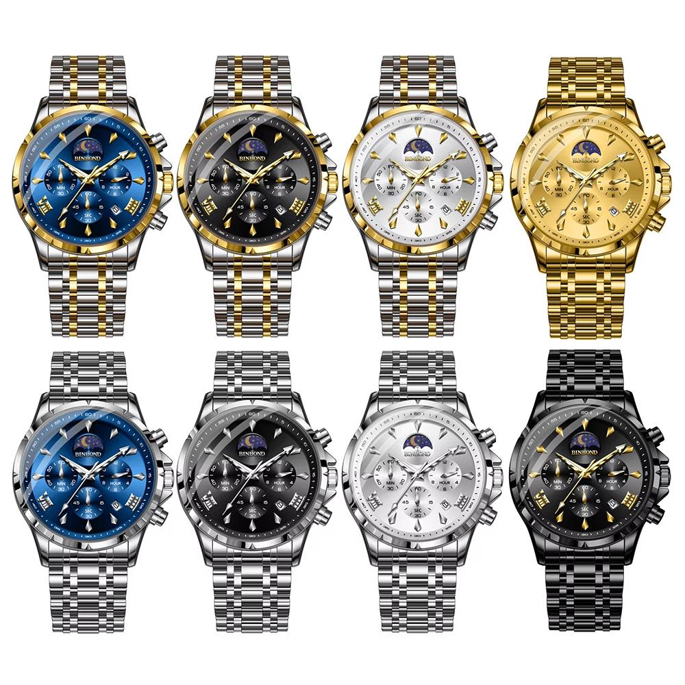 Mens Business Chronograph Watch Stainless Steel Analog Moon‑Phase Wristwatch Waterproof Luminous