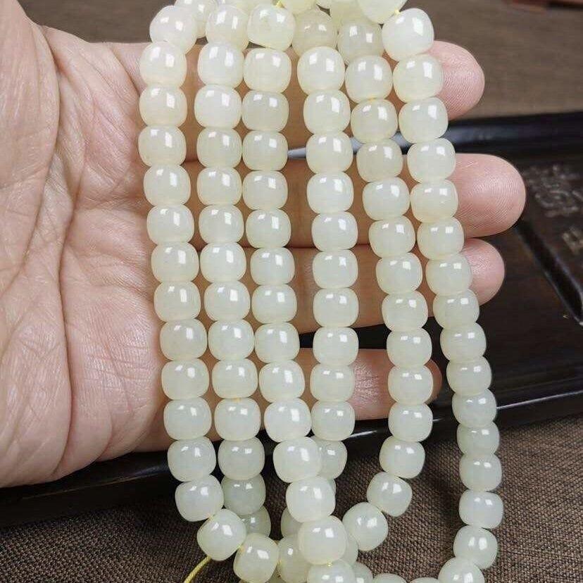 

Натуральне намисто та кулон з нефриту Хетьянь - Білий та Жовтий, 108 намистин старовинного стилю, Ручна робота.