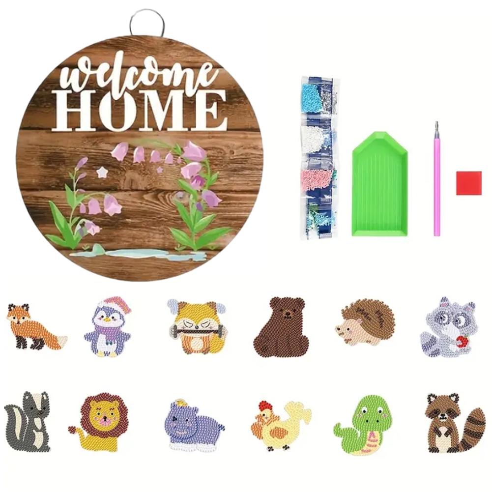 

12 PCS Diamond Art Painting Front Door Signs Cartoon Animal Interchangeable Flowers and Grass Present for Adults Kids Beginners