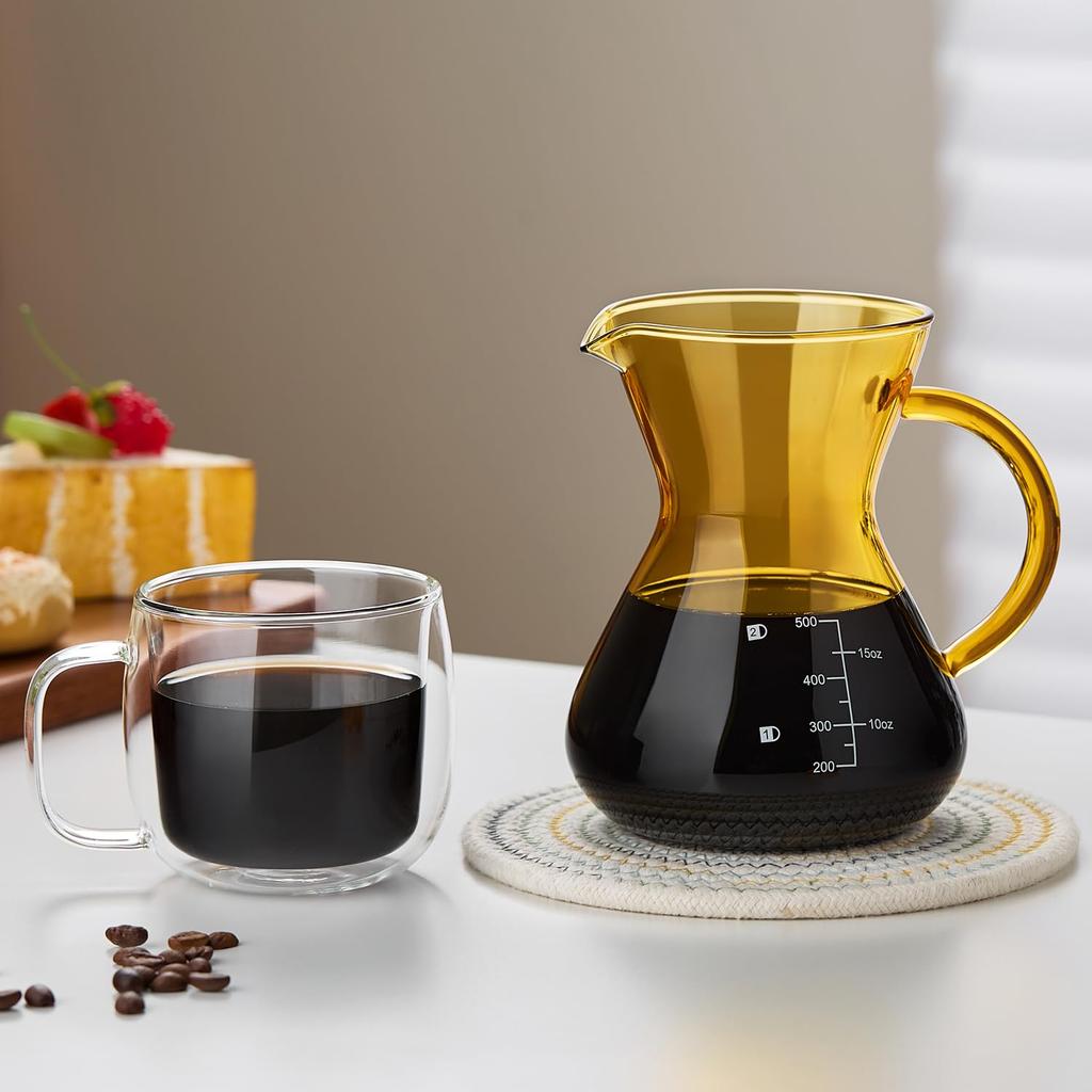 POKALOTEA Coffee Drip Coffee No Paper Coffee Filter Reusable Stainless Steel Microwave Graduations Included Server, Amber, Server, 500ml, Required,