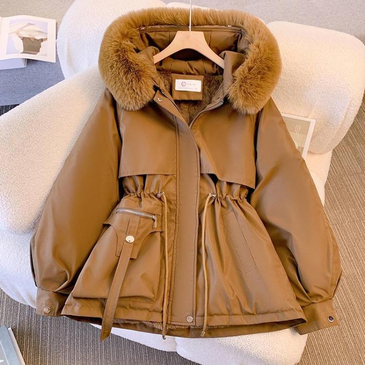 Women Warm Chic Parka Coat Autumn Winter Long Sleeve Solid Color Fur Collar Hooded Drawstring