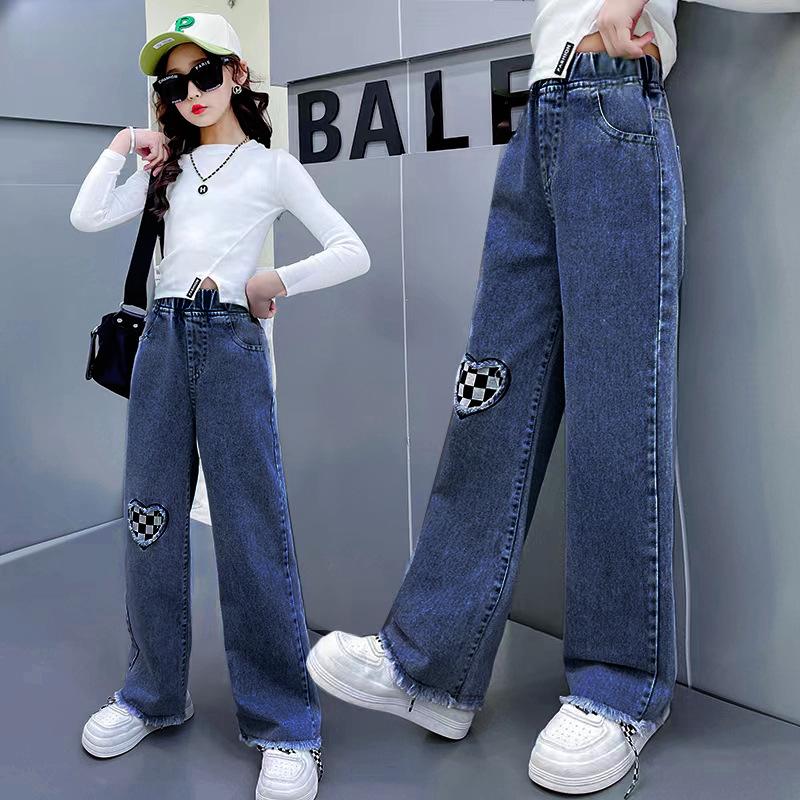 Bestickte Wide-Leg Jeans für Mädchen für Frühling & Herbst - Gerader & Lockerer Schnitt für Kleine & Ältere Mädchen