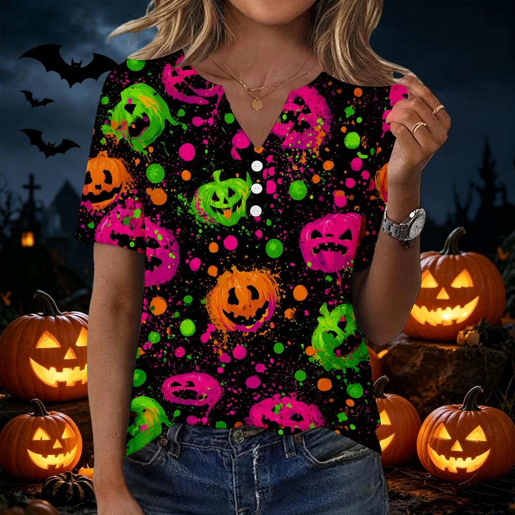 Women's Halloween Printed V-Neck Short Sleeve T-Shirt with Decorative Buttons Casual Top
