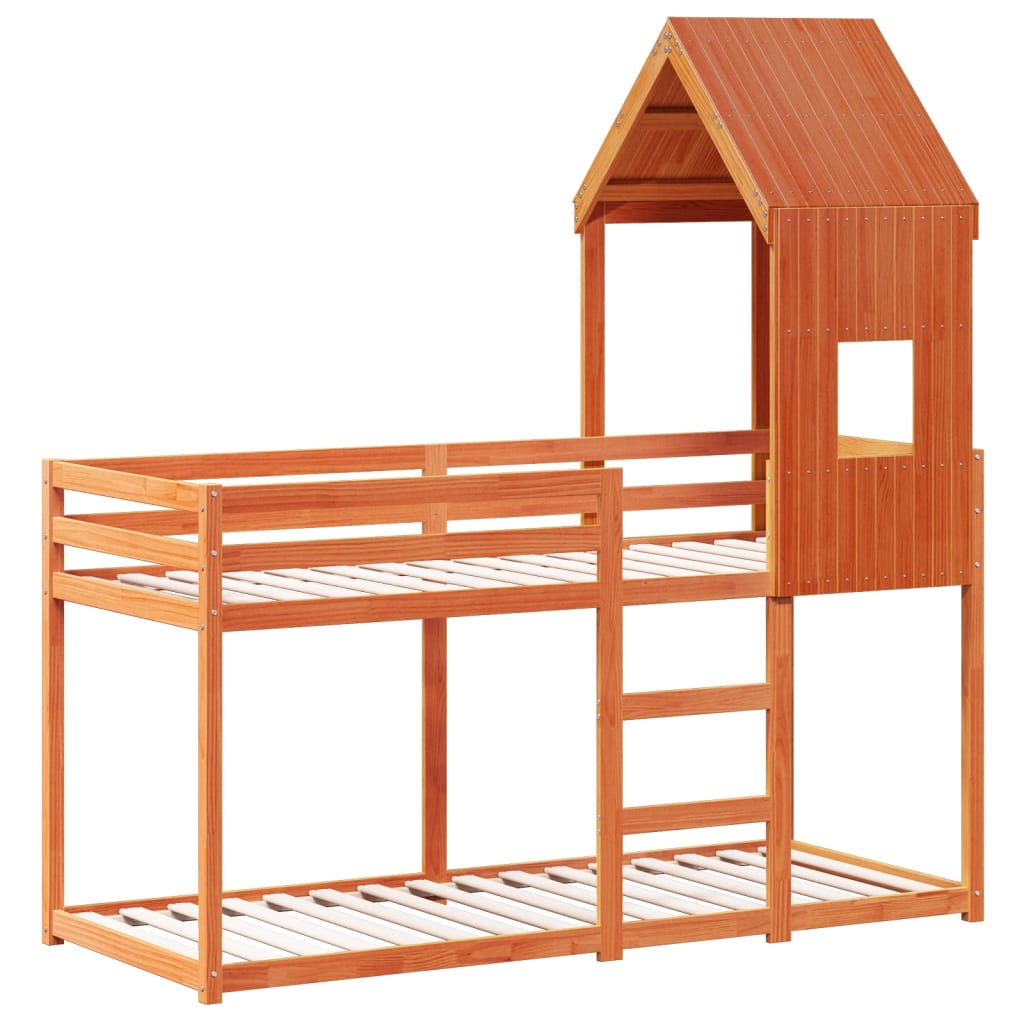Bunk Bed with Roof Wax Brown 90x200 Cm Solid Pine Wood
