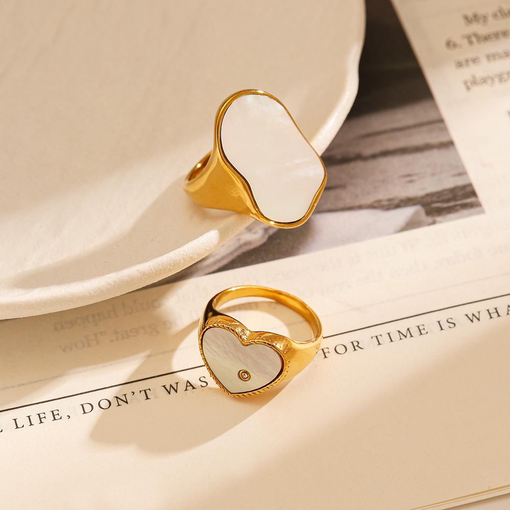 Yingtai Women's Geometric Ring: Stainless Steel with White Mother of Pearl, Mirror Polished, Vacuum Plated 18k Gold, Non-Fading.