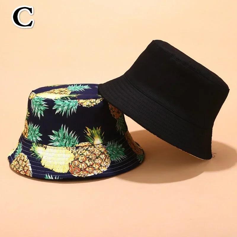 Fashion Summer Double-sided Wear Pineapple Fisherman Hat Unisex Fruit Print Fisherman Cap Leisure Packable Reversible Sun Hats