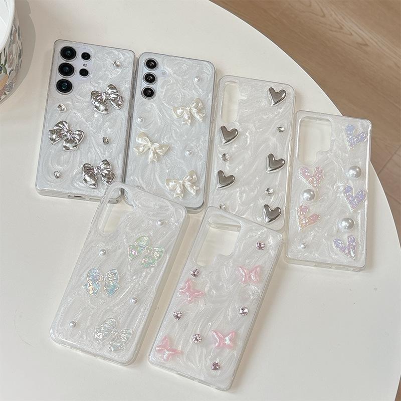 For Samsung S25ultra Glue Glitter Mobile Phone Case S24 Bow S23 Love Three-dimensional A55 Korean Ins