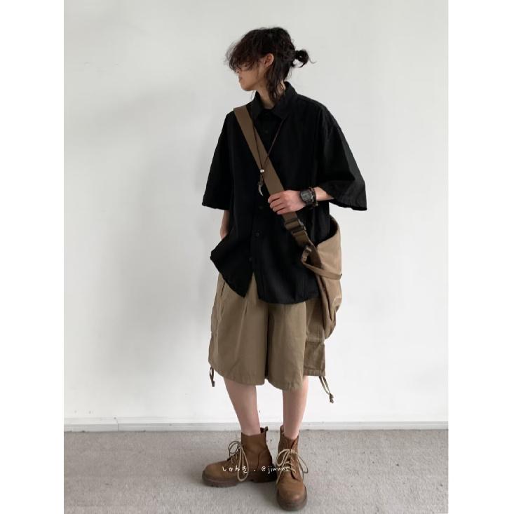 Hong Kong Style Retro Short Sleeved Shirt Men's Summer Japanese Loose Workwear Casual Five Quarter Sleeved Top Jacket