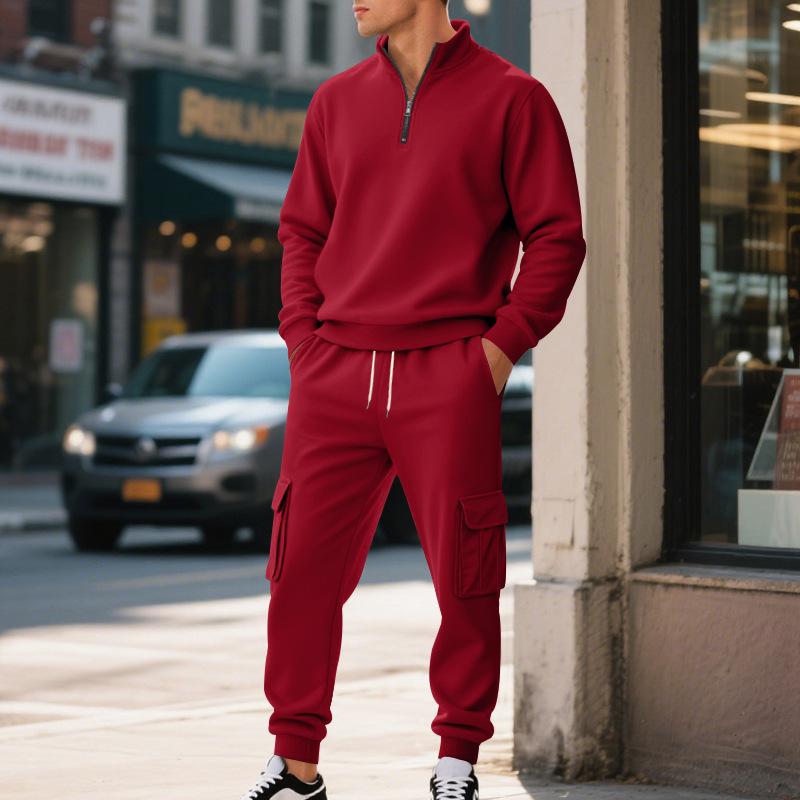 New American Men's Casual Velvet Warm Zipper Men's Solid Color Pocket Sports Trousers Suit