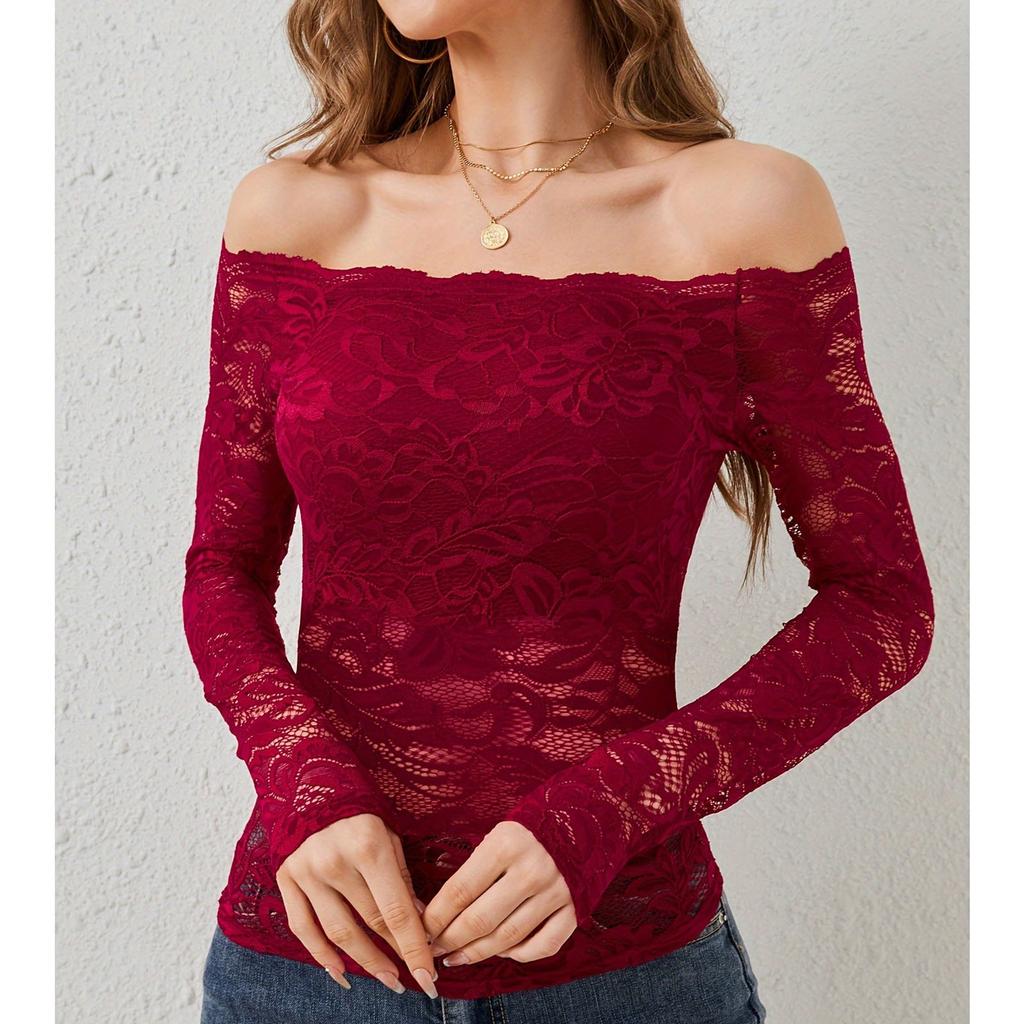 Women's Casual Fan-Shaped Collar With A Straight Neckline And Off Shoulder Lace T-Shirt, Long Sleeved Top